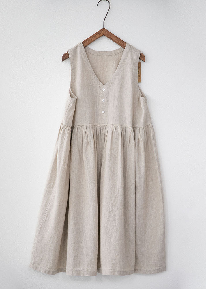 Grey V Neck Wrinkled Patchwork Linen Dresses Summer
