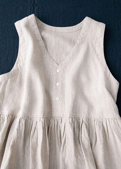Grey V Neck Wrinkled Patchwork Linen Dresses Summer