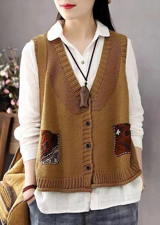 Khaki Button Pockets Patchwork Cotton Knit Waistcoat Sleeveless