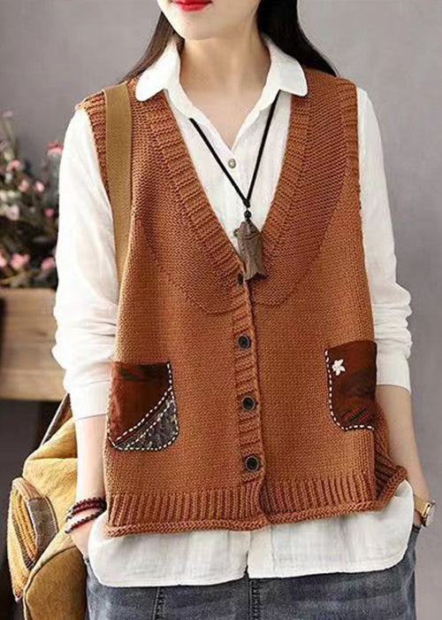 Khaki Button Pockets Patchwork Cotton Knit Waistcoat Sleeveless