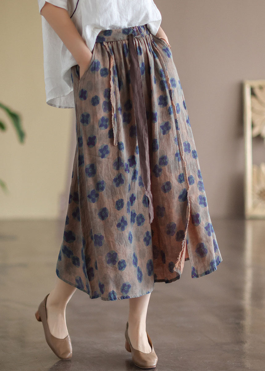 Khaki Elastic Waist Print Linen Skirts Summer