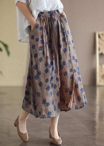 Red Geometry Elastic Waist Print Linen Skirts Summer