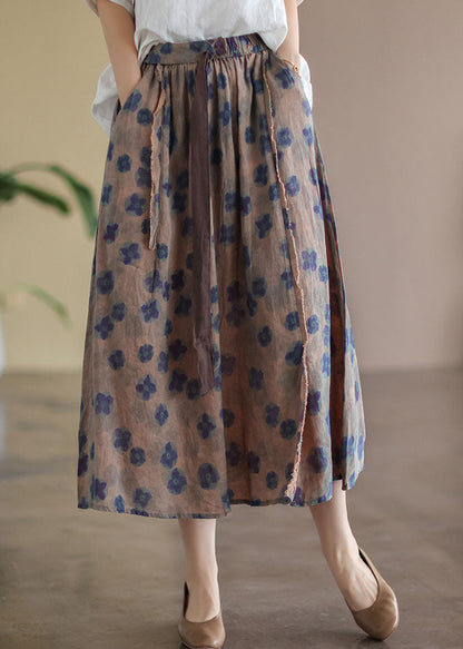 Black Flower Elastic Waist Print Linen Skirts Summer