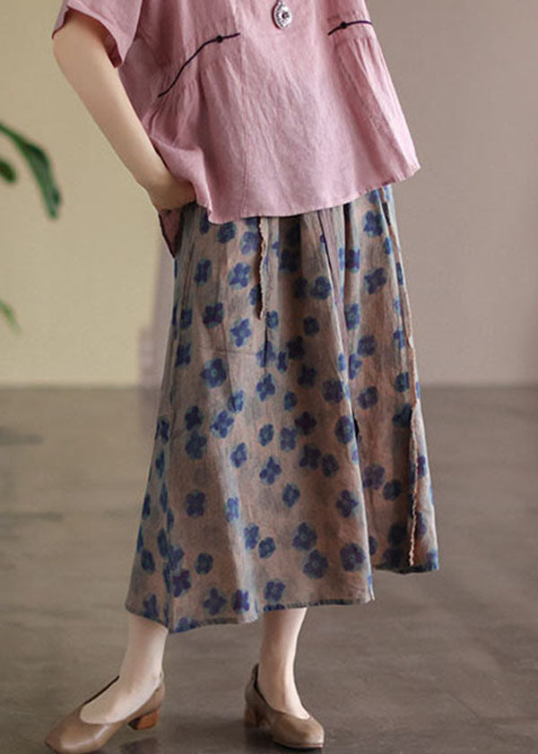 Black Flower Elastic Waist Print Linen Skirts Summer