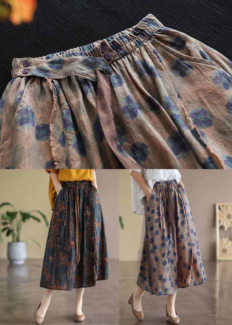 Khaki Elastic Waist Print Linen Skirts Summer