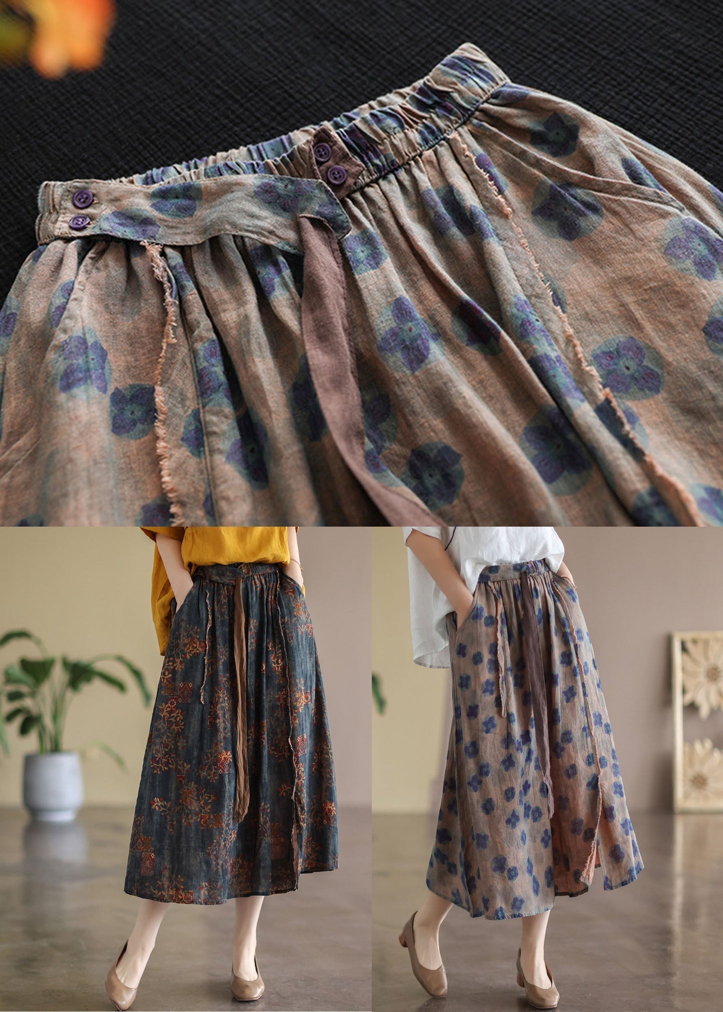 Red Geometry Elastic Waist Print Linen Skirts Summer