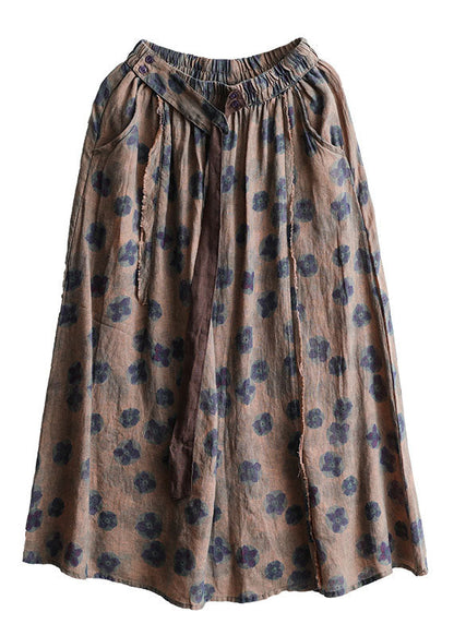 Red Geometry Elastic Waist Print Linen Skirts Summer