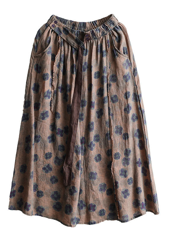 Red Geometry Elastic Waist Print Linen Skirts Summer