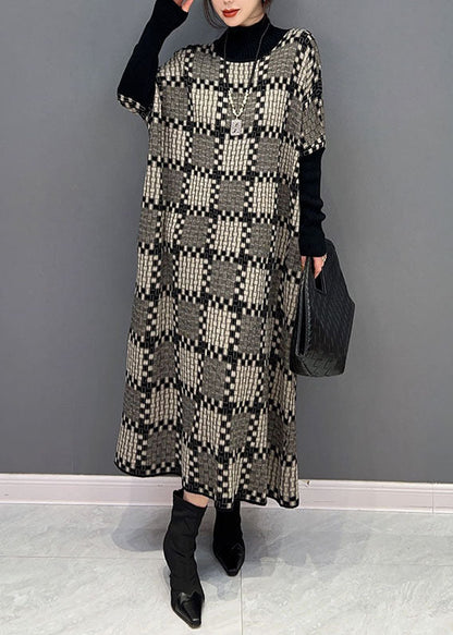 Khaki Hign Neck Plaid Knit Maxi Dresses Winter
