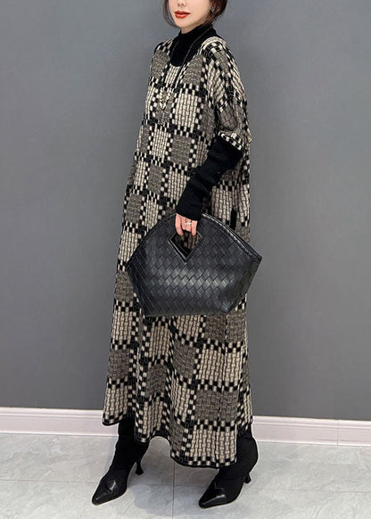 Khaki Hign Neck Plaid Knit Maxi Dresses Winter