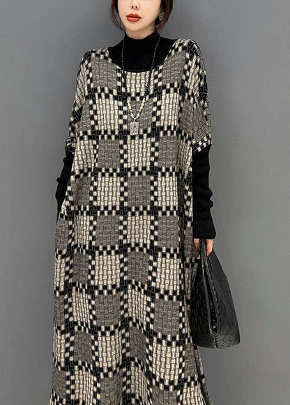 Khaki Hign Neck Plaid Knit Maxi Dresses Winter