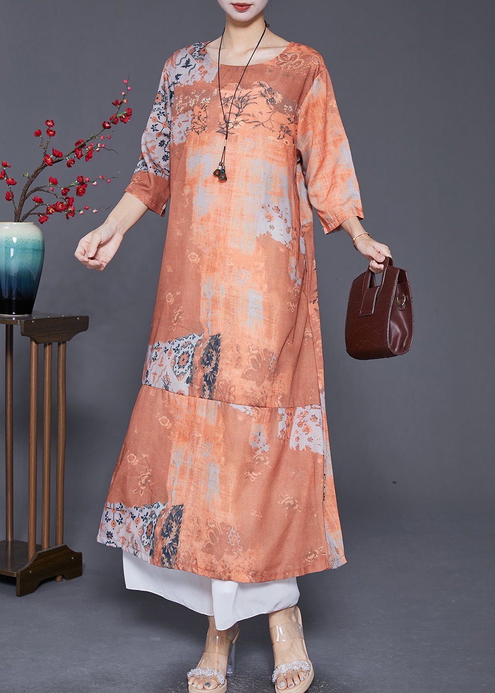 Khaki O-neck Patchwork Print Linen Vacation Dresses Bracelet Sleeve