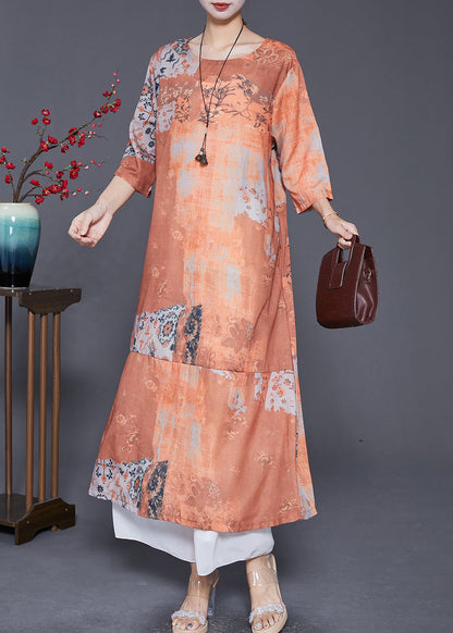 Khaki O-neck Patchwork Print Linen Vacation Dresses Bracelet Sleeve