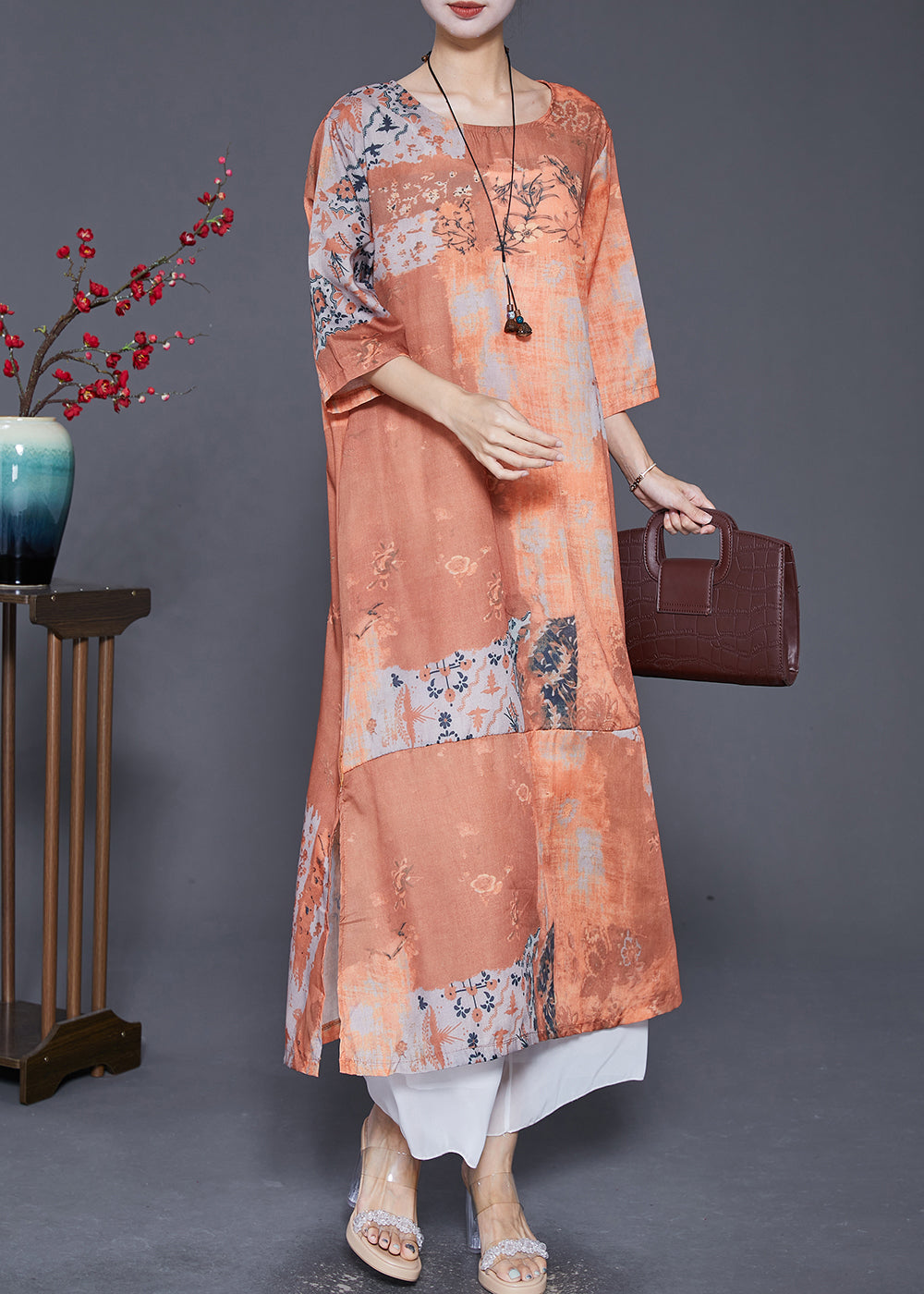 Khaki O-neck Patchwork Print Linen Vacation Dresses Bracelet Sleeve