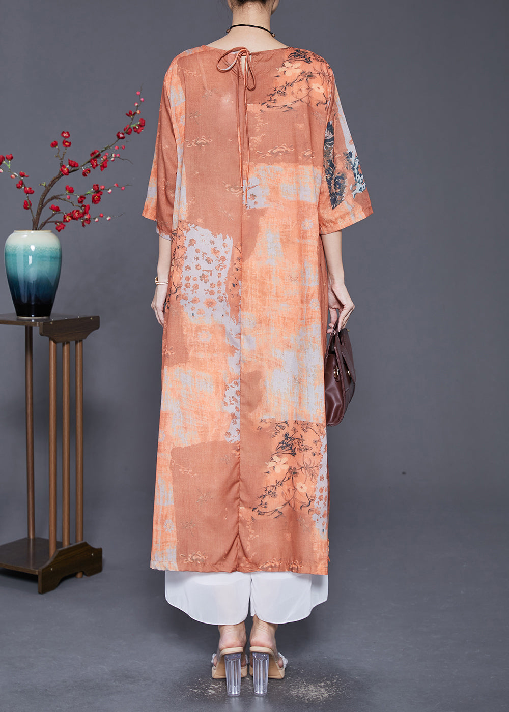 Khaki O-neck Patchwork Print Linen Vacation Dresses Bracelet Sleeve