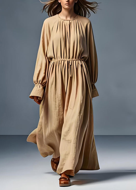 Khaki O Neck Wrinkled Cotton Dress Long Sleeve
