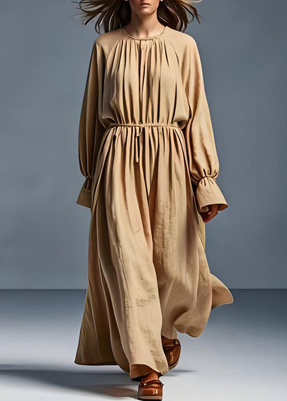 Khaki O Neck Wrinkled Cotton Dress Long Sleeve