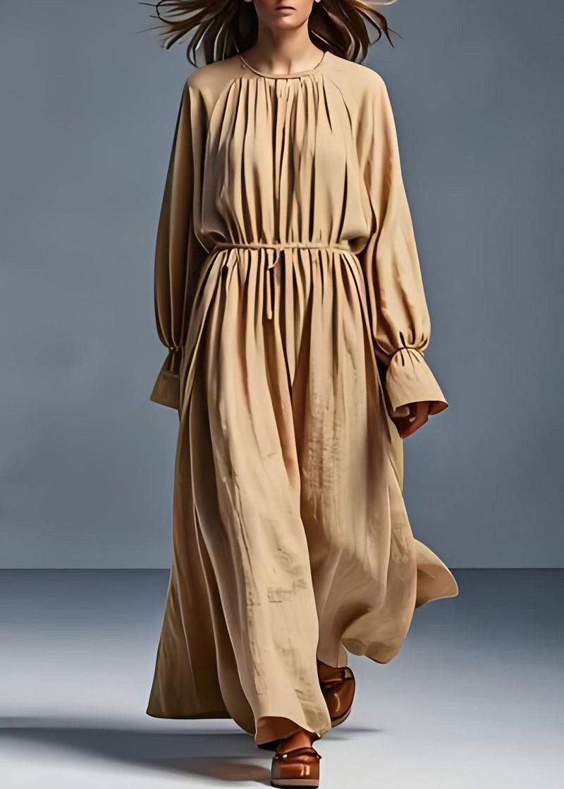 Khaki O Neck Wrinkled Cotton Dress Long Sleeve