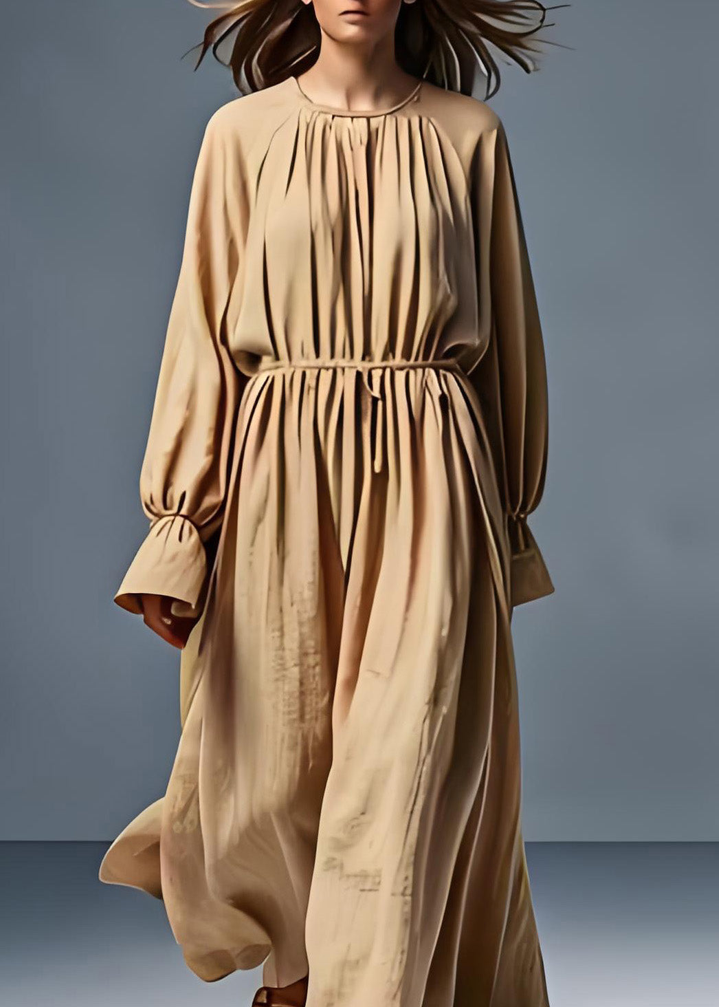 Khaki O Neck Wrinkled Cotton Dress Long Sleeve