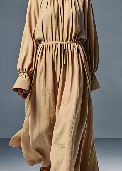 Khaki O Neck Wrinkled Cotton Dress Long Sleeve
