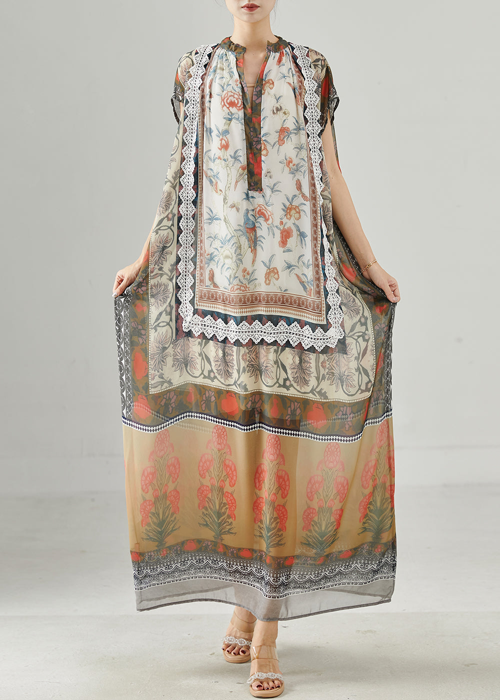 Khaki Oversized Print Chiffon Beach Dresses Summer