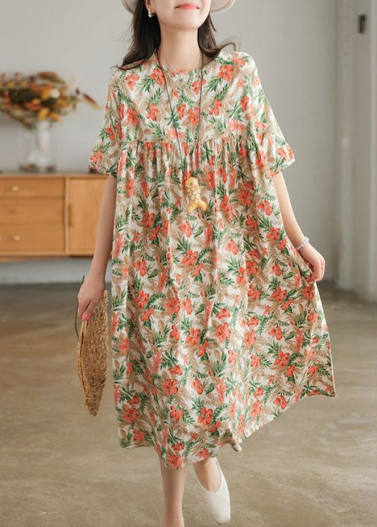 Khaki Oversized Print Cotton a Line Dresses Short Sleeve
