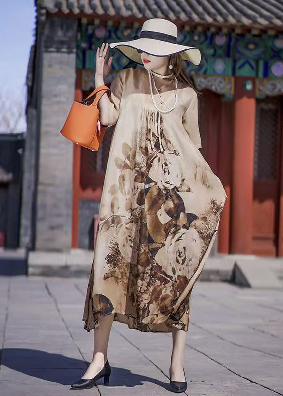 Khaki Oversized Print Silk Holiday Dress Summer
