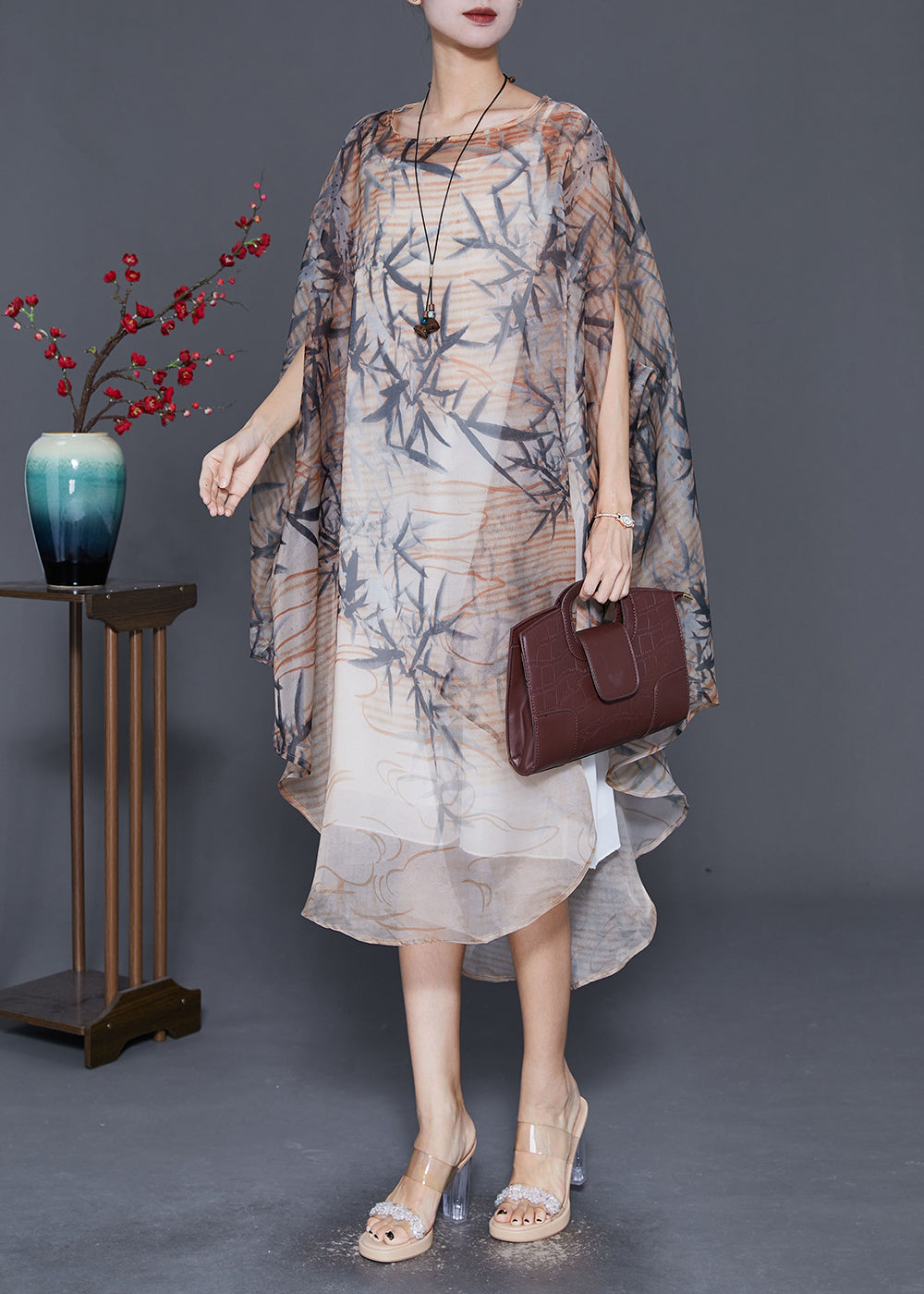 Khaki Oversized Print Tulle Dress Cloak Sleeves