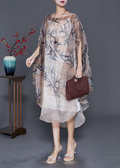 Khaki Oversized Print Tulle Dress Cloak Sleeves
