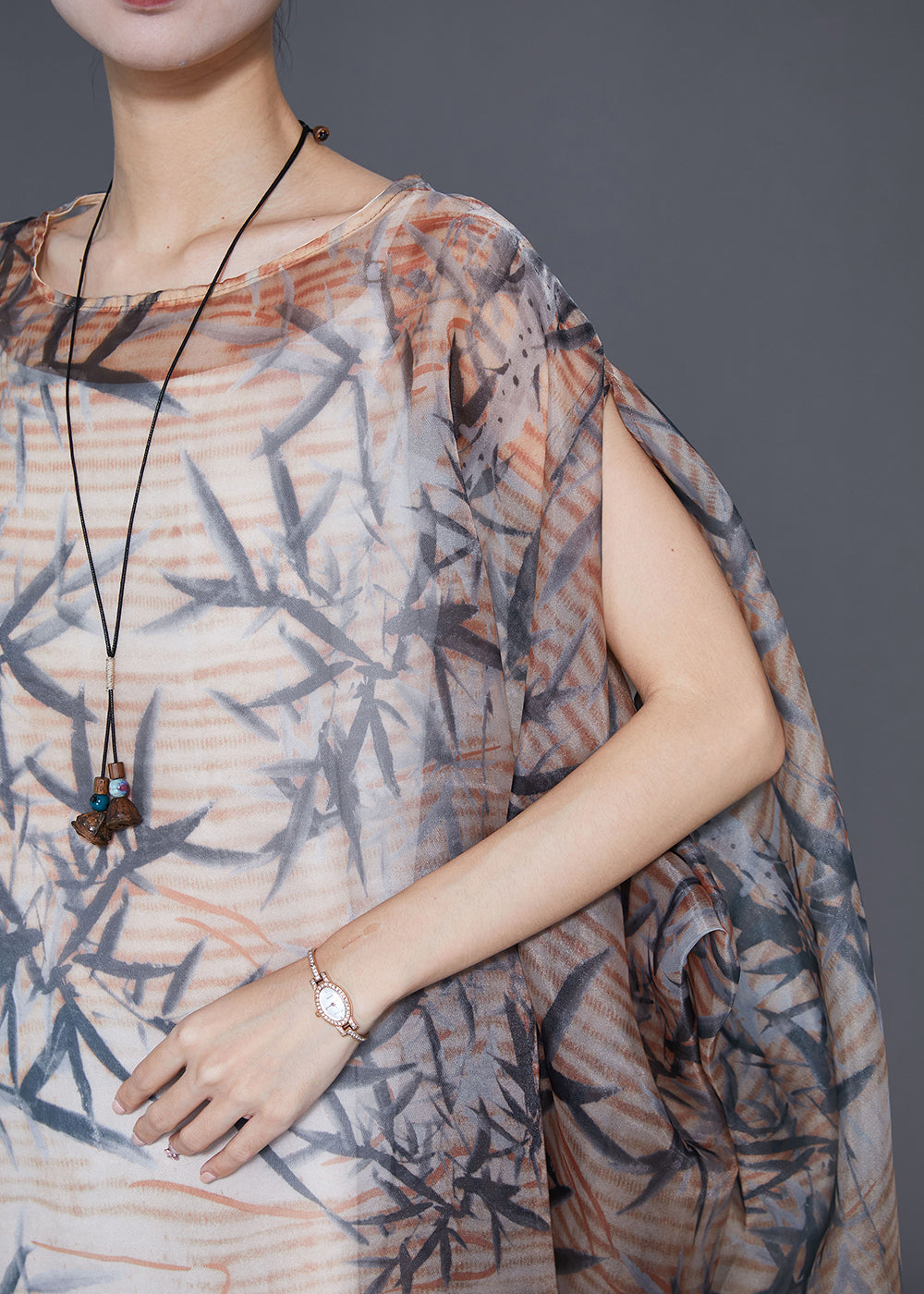 Khaki Oversized Print Tulle Dress Cloak Sleeves