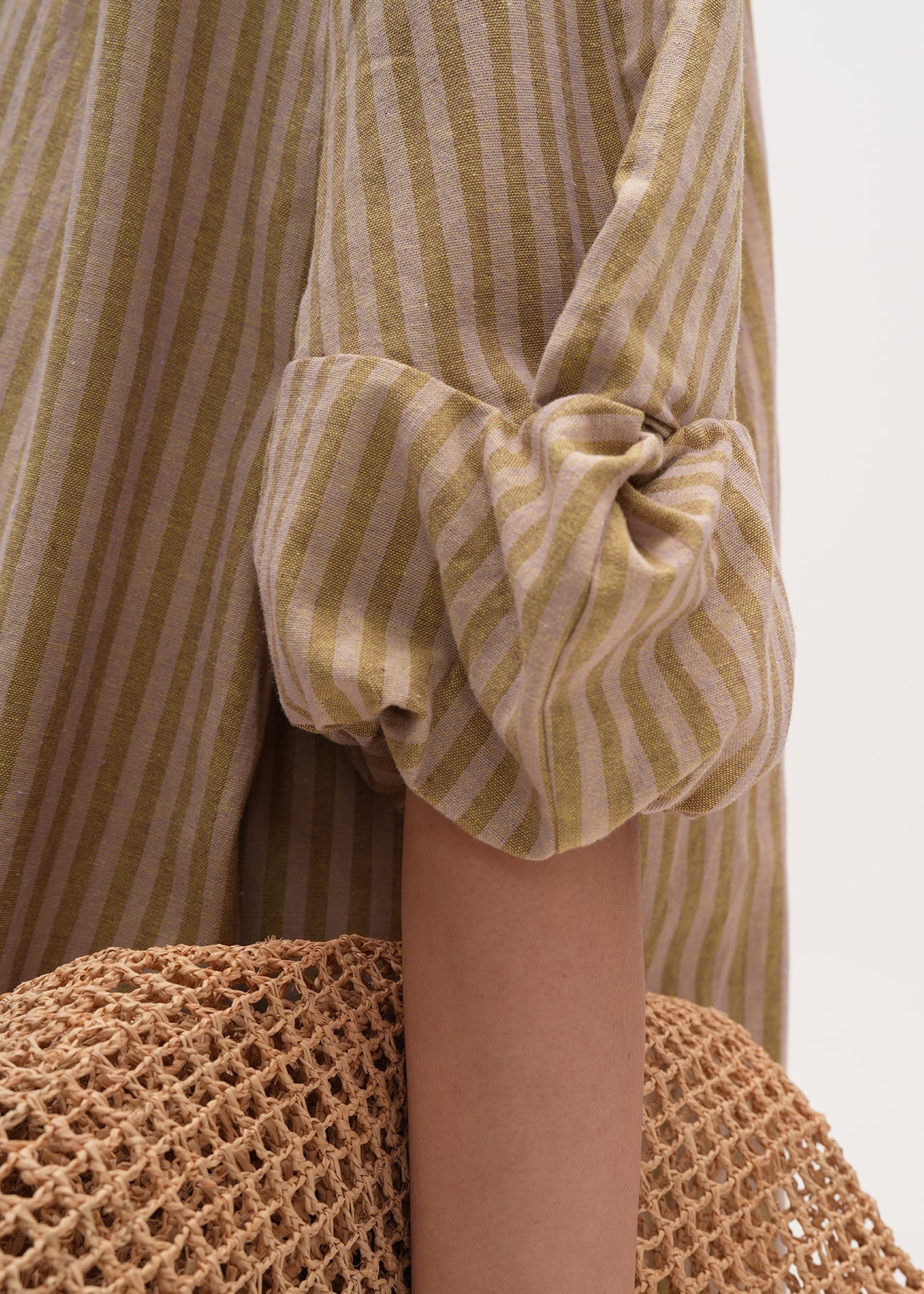 Khaki Oversized Striped Linen Maxi Dresses Bracelet Sleeve