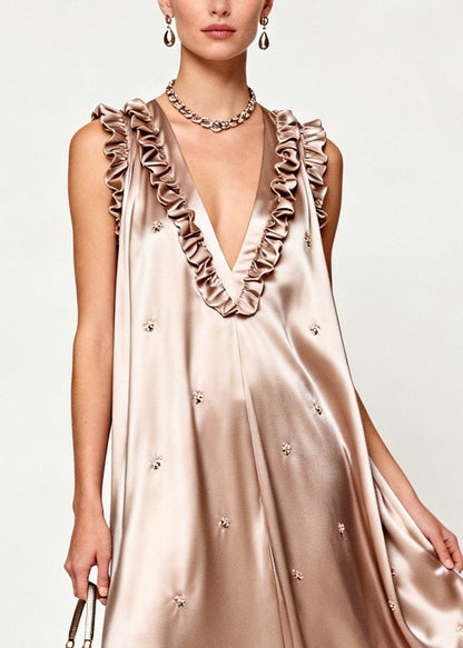 Khaki Ruffled Silk Holiday Dress Sleeveless