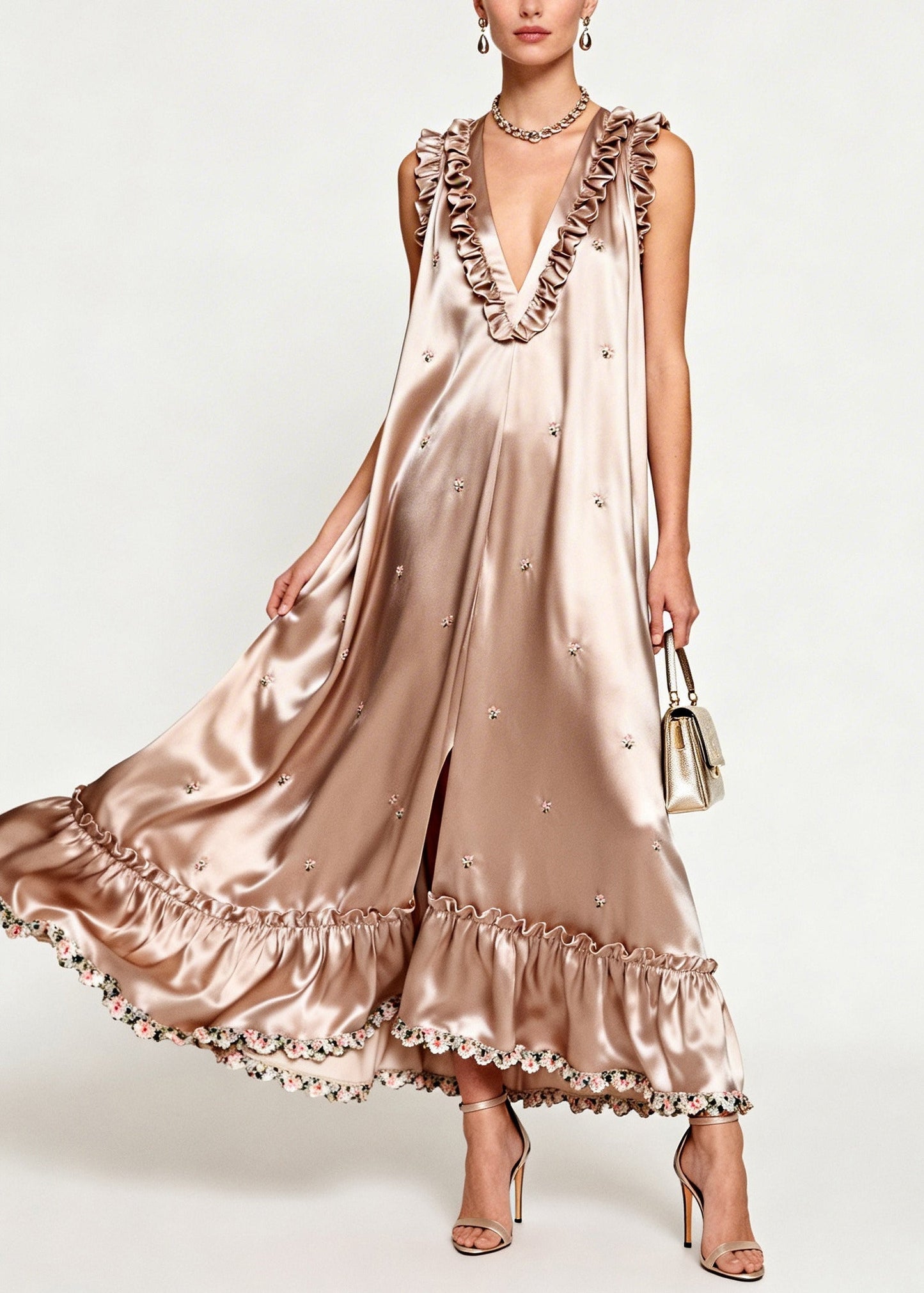 Khaki Ruffled Silk Holiday Dress Sleeveless