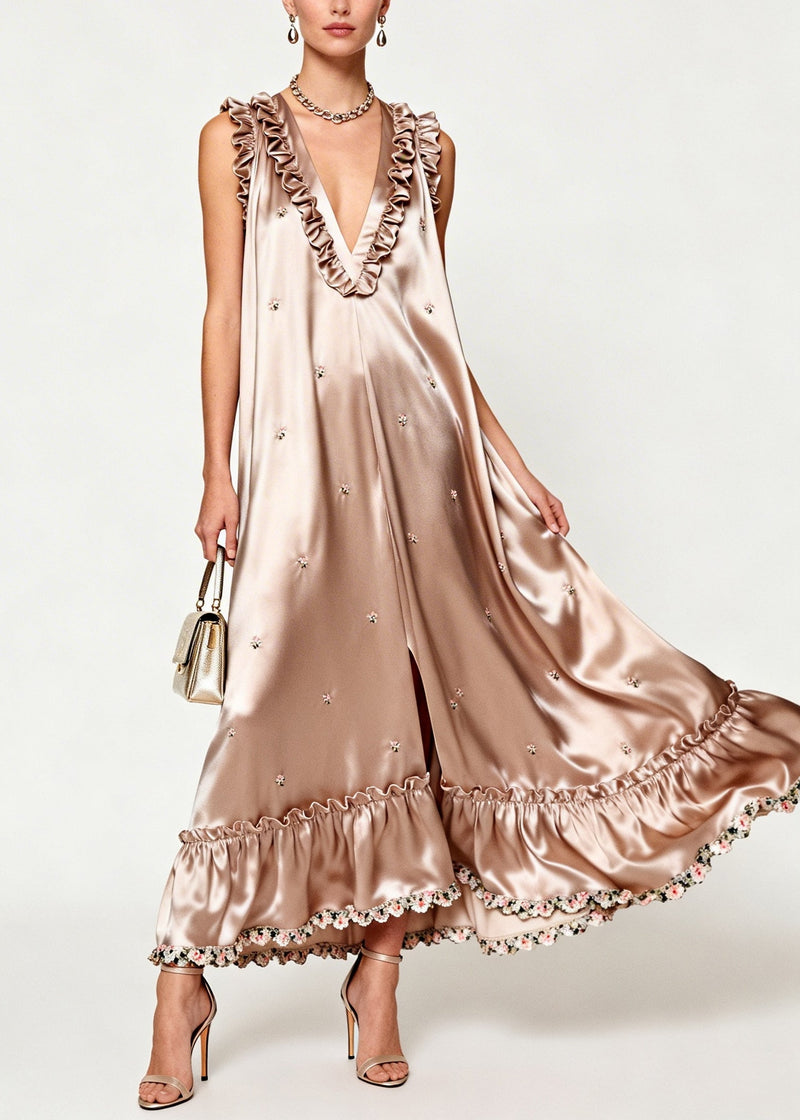 Khaki Ruffled Silk Holiday Dress Sleeveless
