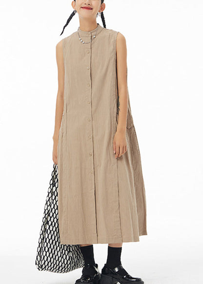 Khaki Stand Collar Patchwork Maxi Shirt Dress Summer