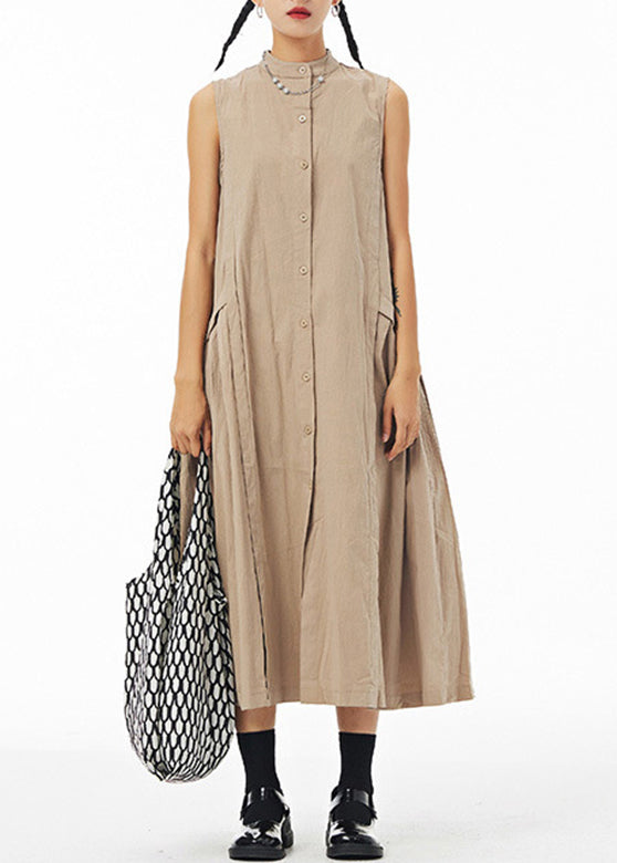 Khaki Stand Collar Patchwork Maxi Shirt Dress Summer