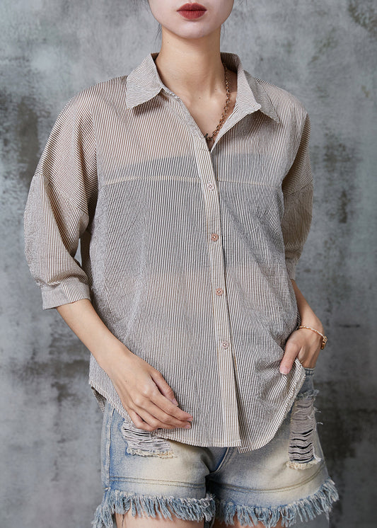 Khaki Striped Wrinkled Cotton Shirt Tops Summer