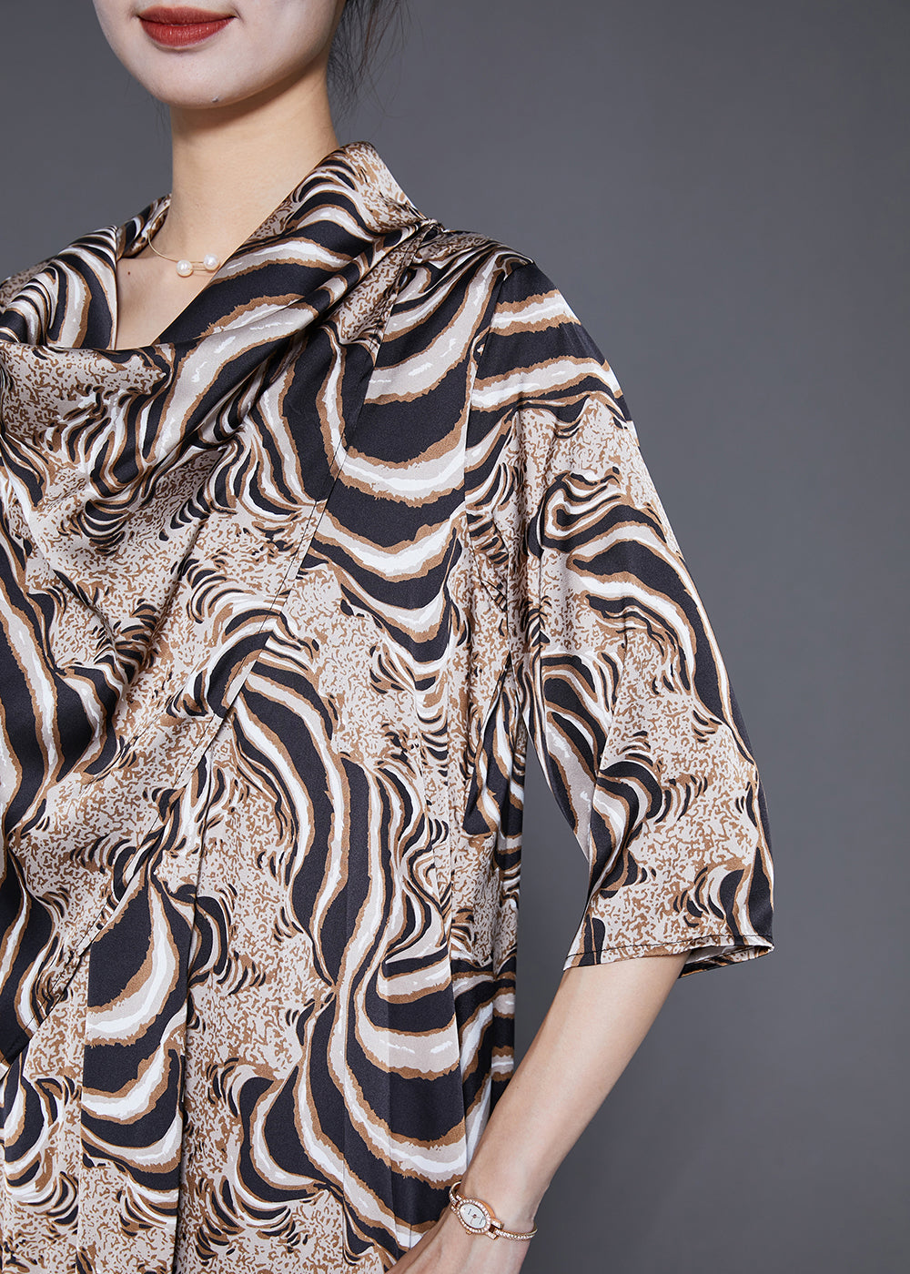 Khaki Turtle Neck Print Chiffon Long Dress Summer