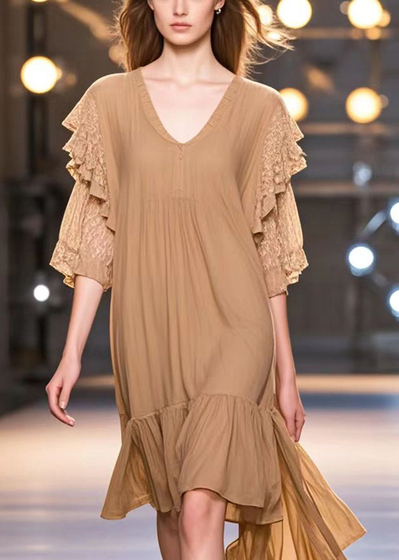 Khaki V Neck Patchwork Cotton Work Dress Summer