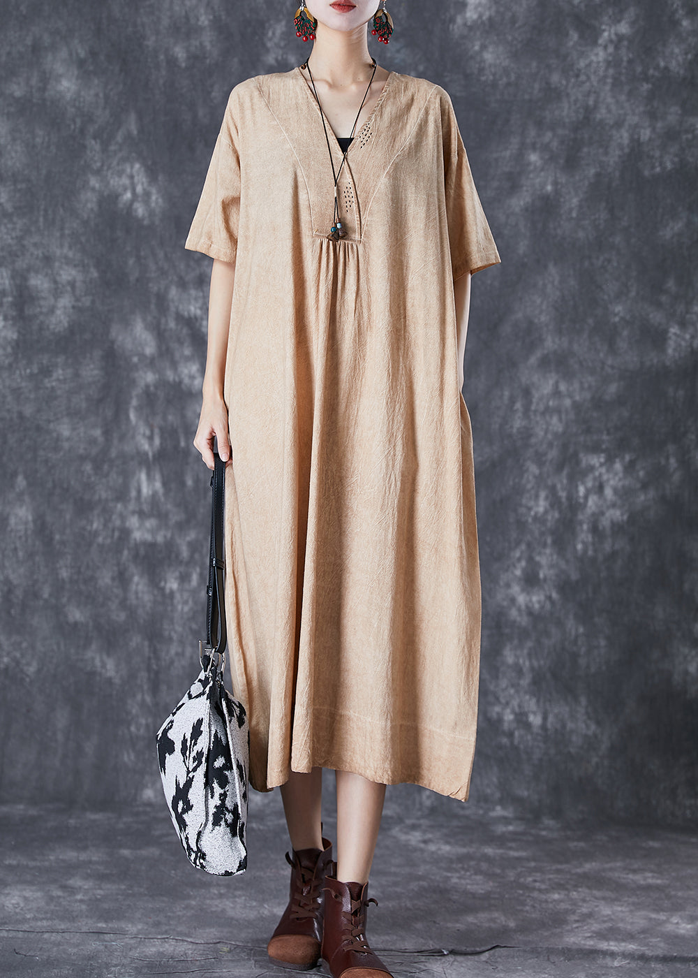 Khaki V Neck Pockets Linen Long Dress Summer