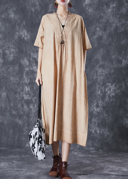 Khaki V Neck Pockets Linen Long Dress Summer