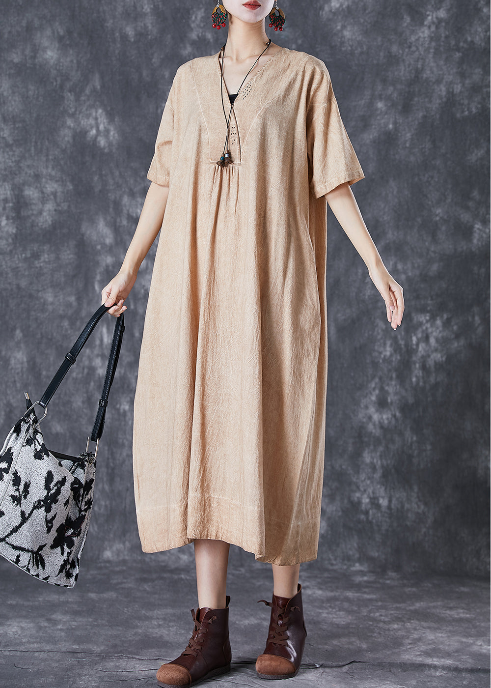 Khaki V Neck Pockets Linen Long Dress Summer
