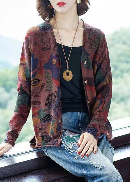 Khaki V Neck Print Button Knit Cardigan Spring