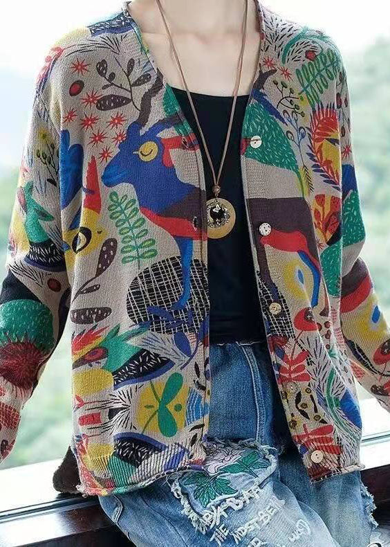 Khaki V Neck Print Button Knit Cardigan Spring