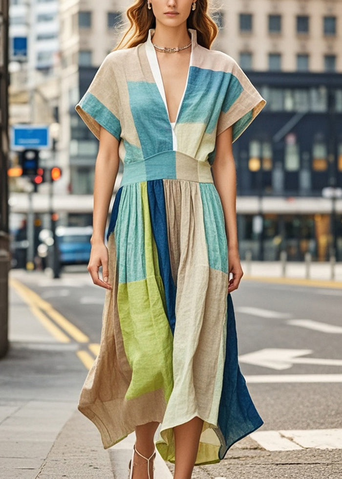 Khaki V Neck Print Cotton Robe Dresses Summer