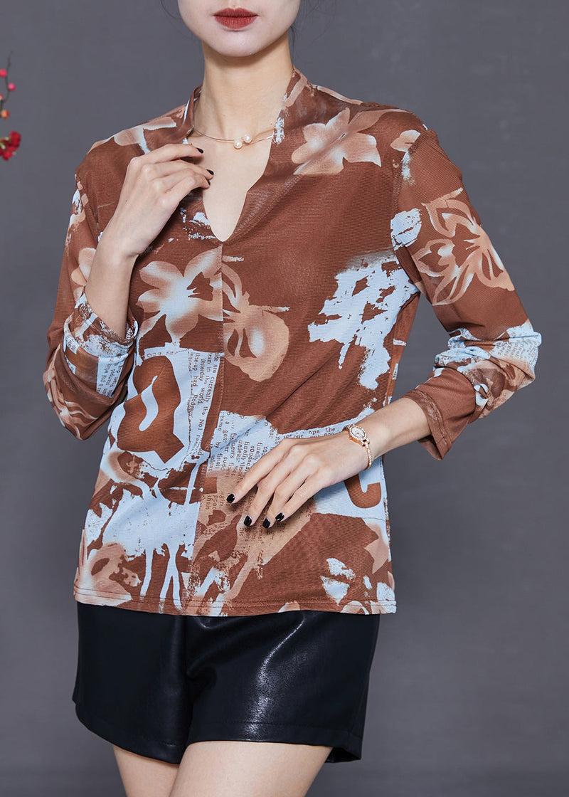 Khaki V Neck Print Tulle Shirt Tops Summer