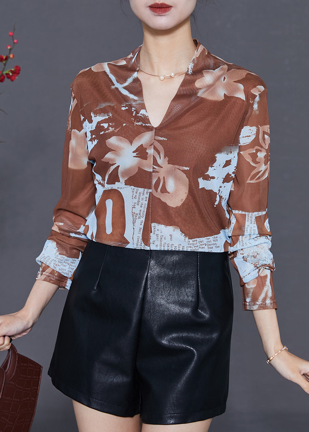 Khaki V Neck Print Tulle Shirt Tops Summer