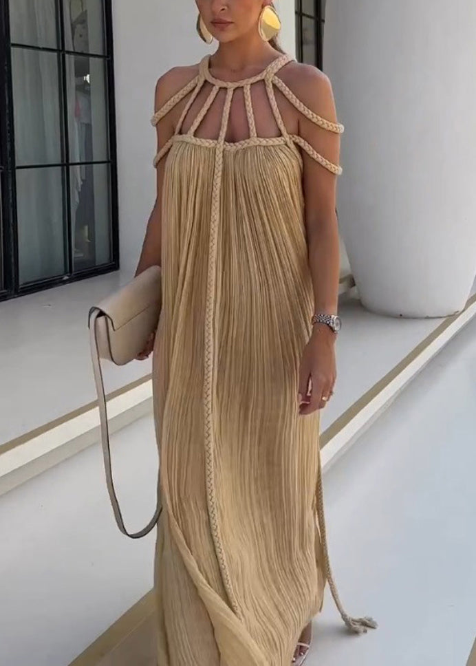 Khaki Wrinkled Cable Hollow Out Cotton Long Dress Sleeveless