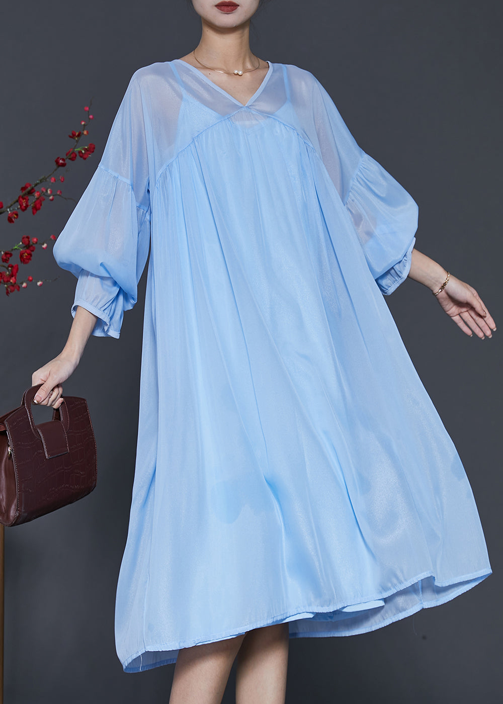Lake Blue Draping Chiffon Dress Two Piece Set Lantern Sleeve