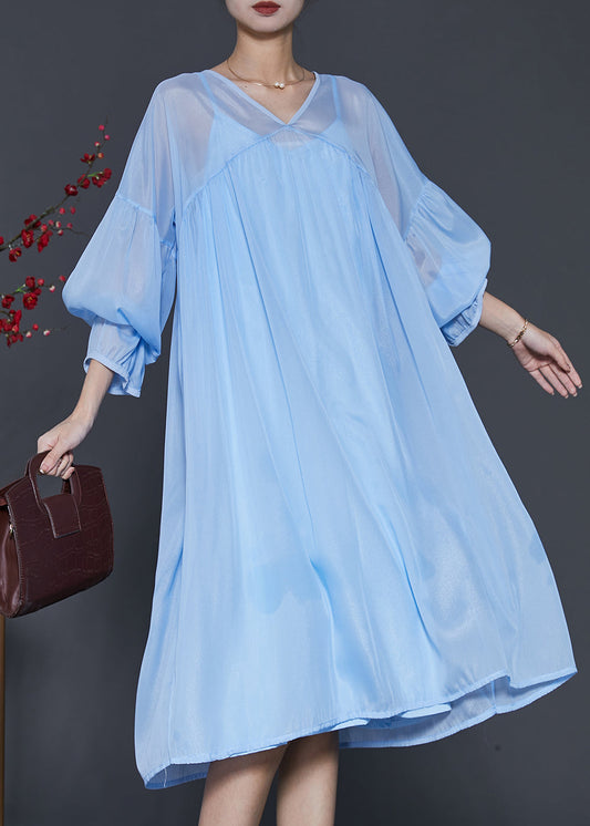 Lake Blue Draping Chiffon Dress Two Piece Set Lantern Sleeve